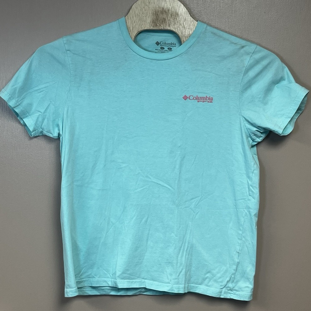 Columbia Mens PFG Short Sleeve Blue/Teal Shirt L Teal Logo Elements of Fishing